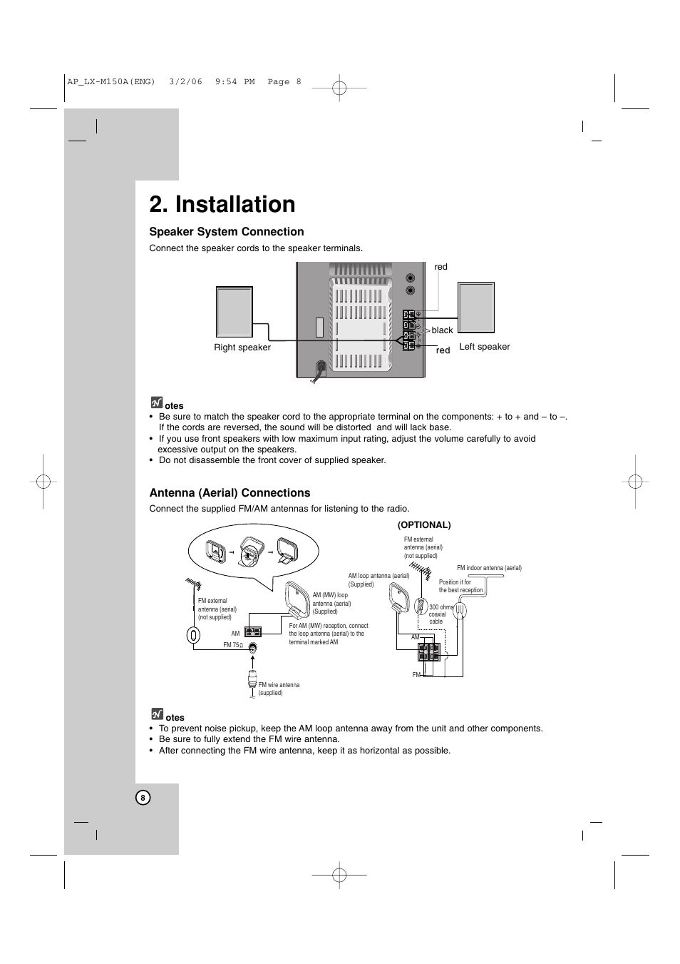 Installation, Antenna (aerial) connections, Speaker system connection | LG LX-M150 User Manual | Page 8 / 19