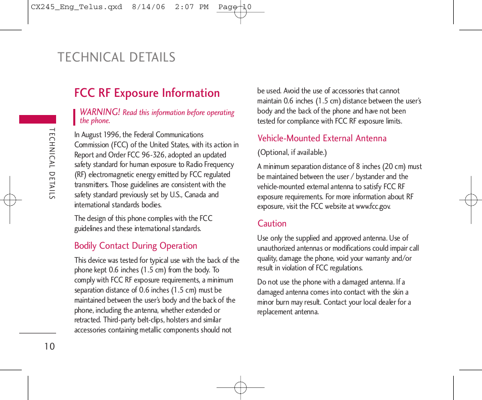 Technical details, Fcc rf exposure information | LG 245 User Manual | Page 11 / 78