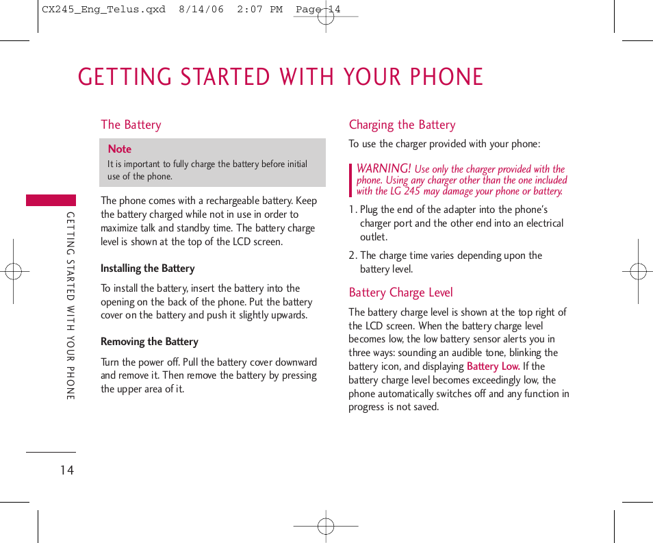 Getting started with your phone | LG 245 User Manual | Page 15 / 78