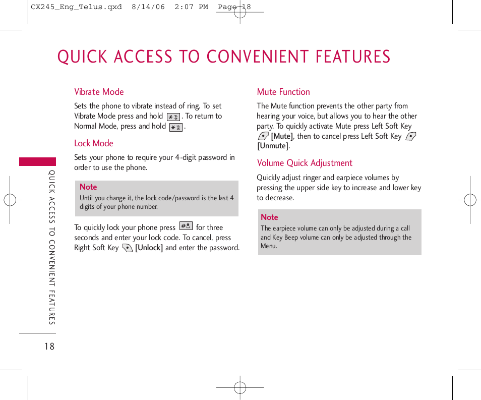 Quick access to convenient features | LG 245 User Manual | Page 19 / 78