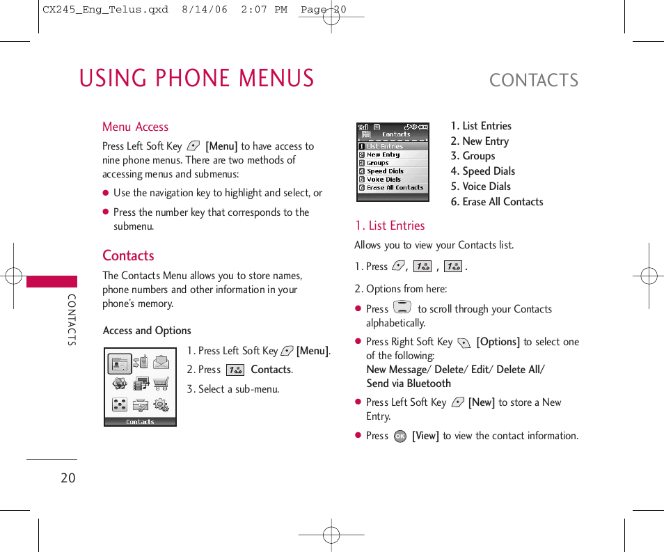 Using phone menus, Contacts | LG 245 User Manual | Page 21 / 78