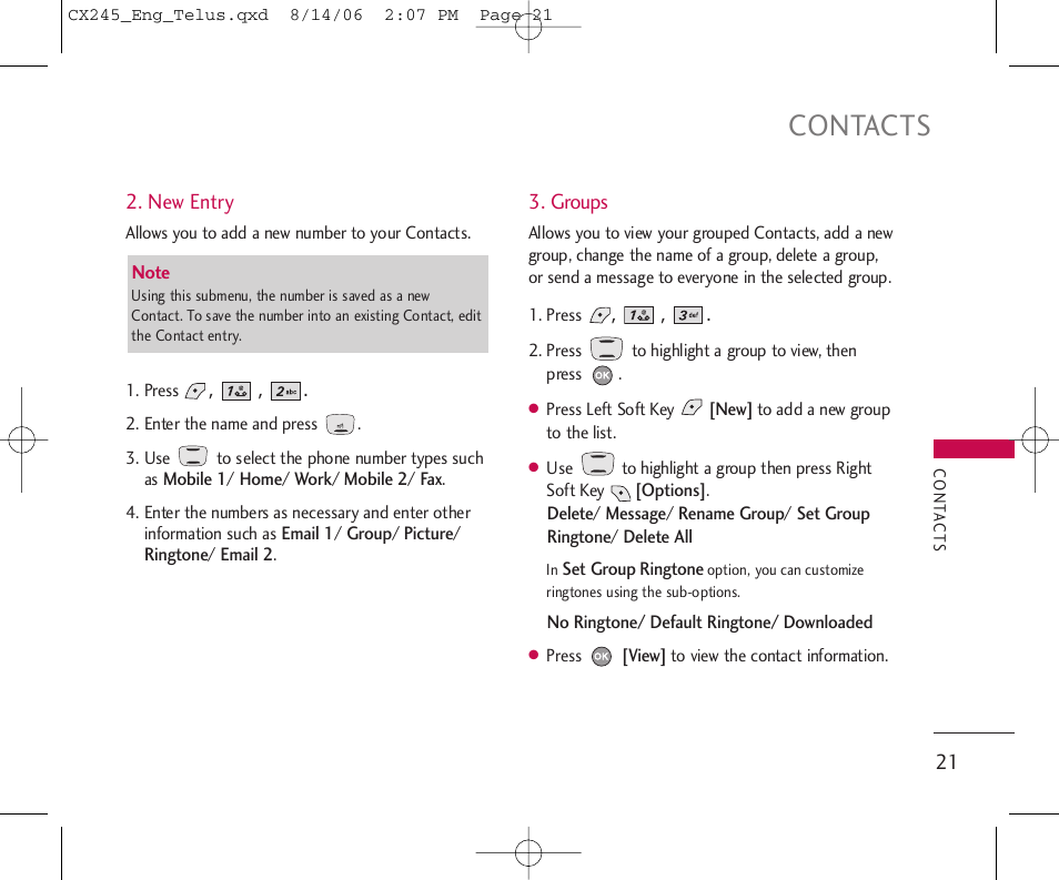 Contacts | LG 245 User Manual | Page 22 / 78