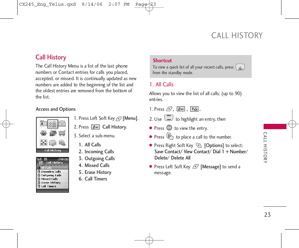 Call history | LG 245 User Manual | Page 24 / 78