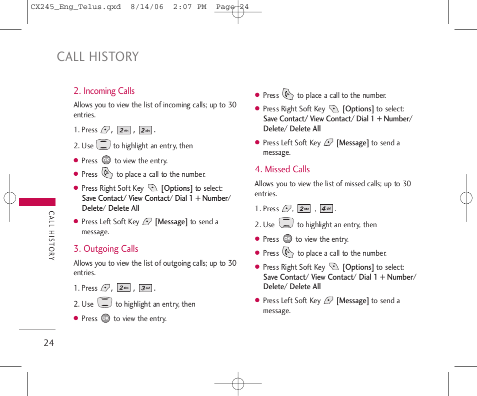 Call history | LG 245 User Manual | Page 25 / 78