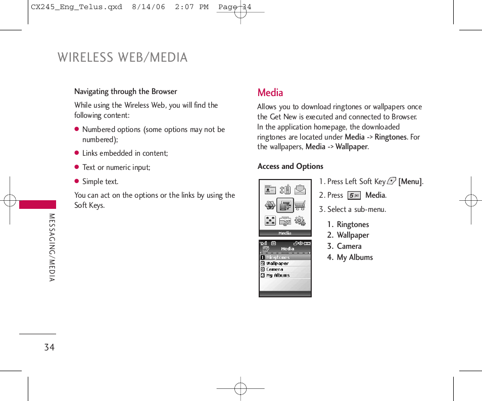 Wireless web/media, Media | LG 245 User Manual | Page 35 / 78
