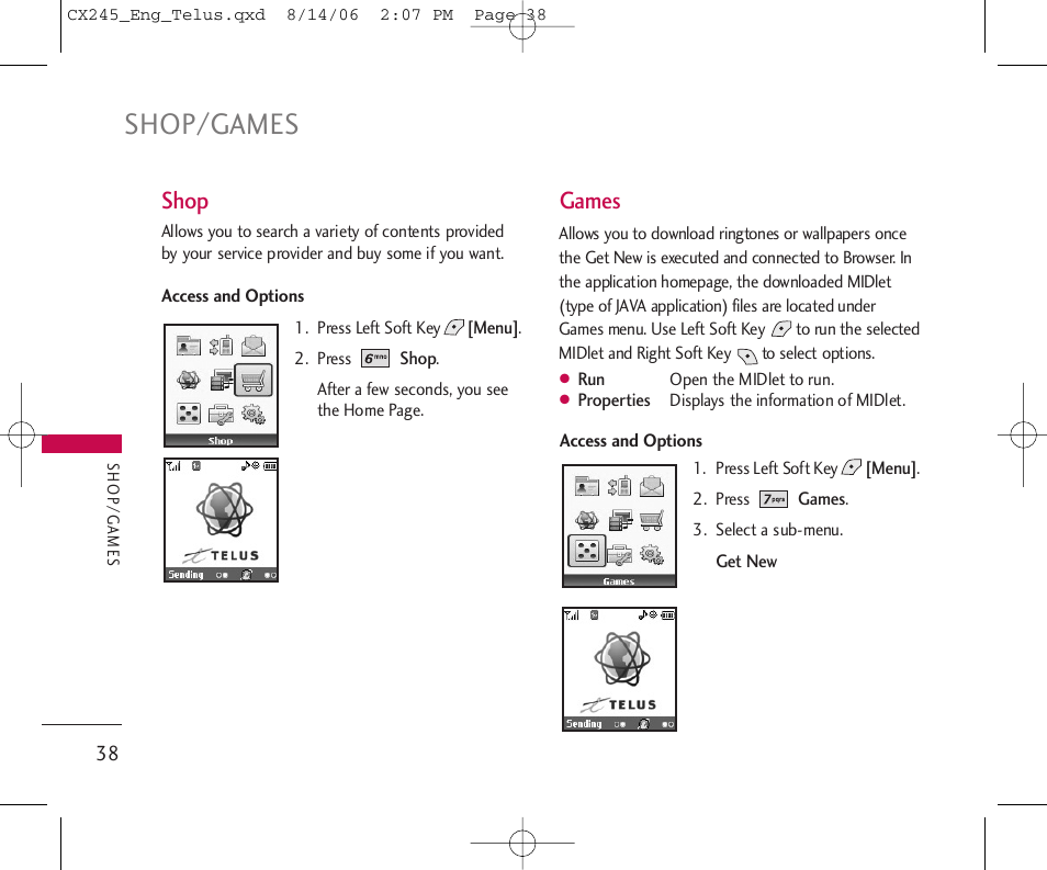 Shop/games, Shop, Games | LG 245 User Manual | Page 39 / 78