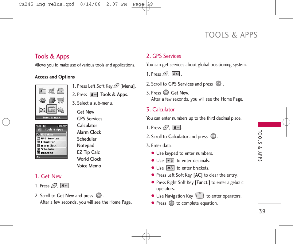 Tools & apps | LG 245 User Manual | Page 40 / 78