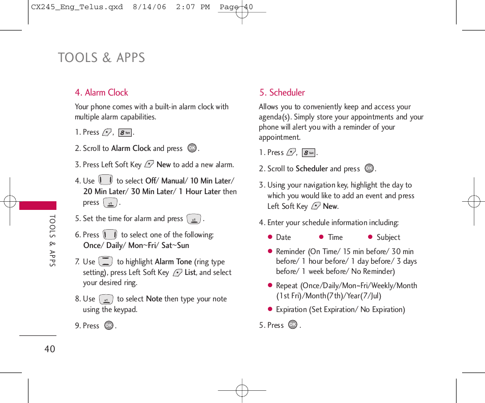 Tools & apps | LG 245 User Manual | Page 41 / 78