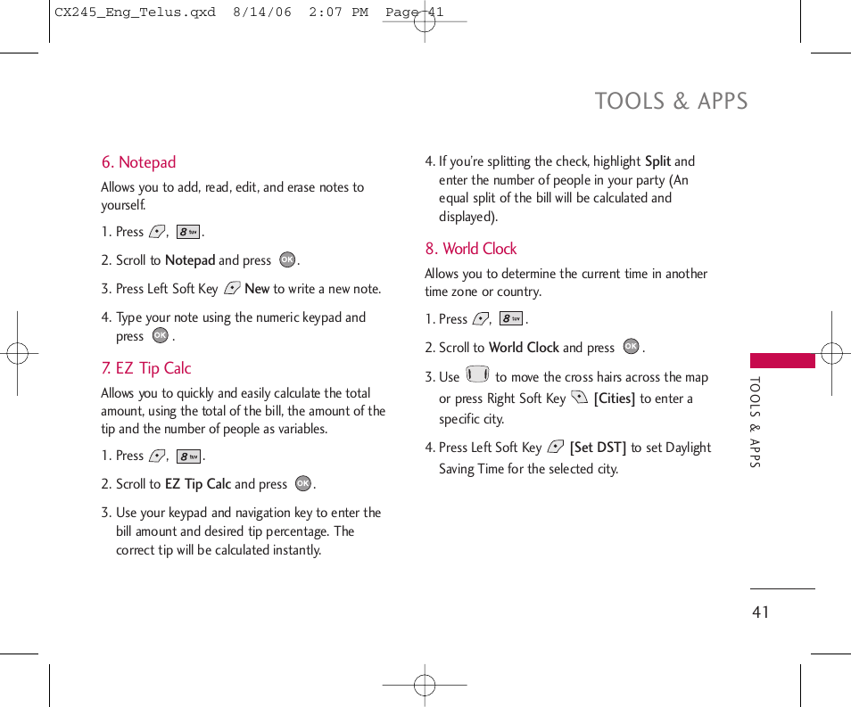 Tools & apps | LG 245 User Manual | Page 42 / 78