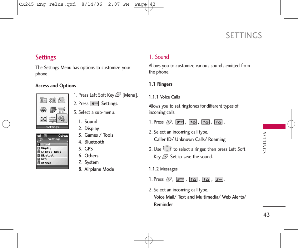 Settings | LG 245 User Manual | Page 44 / 78