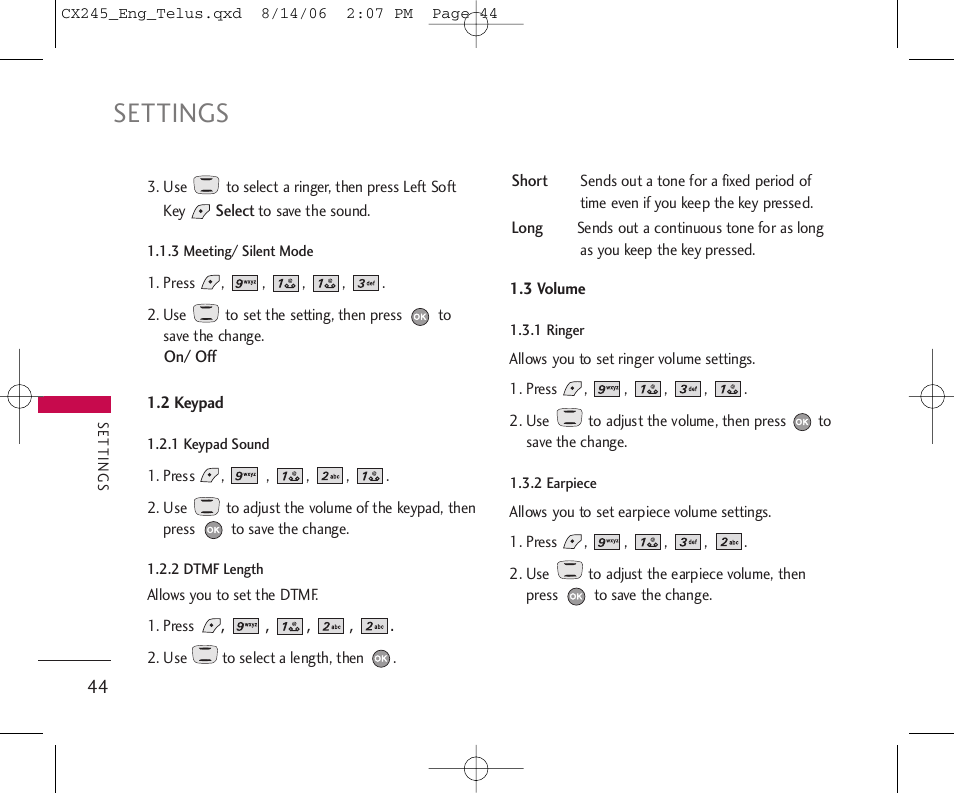 Settings | LG 245 User Manual | Page 45 / 78