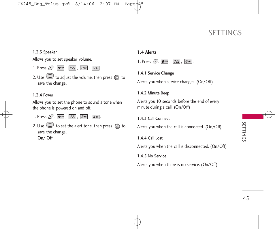 Settings | LG 245 User Manual | Page 46 / 78