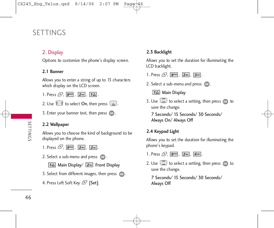 Settings | LG 245 User Manual | Page 47 / 78