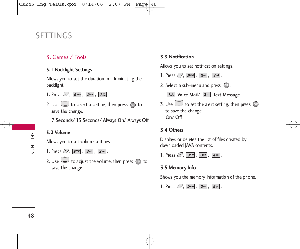 Settings | LG 245 User Manual | Page 49 / 78