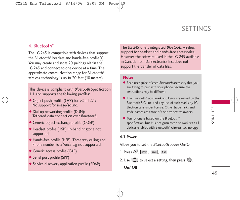 Settings, Bluetooth | LG 245 User Manual | Page 50 / 78