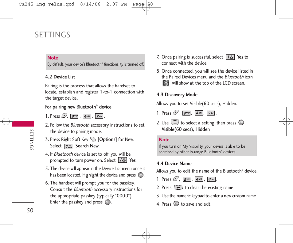 Settings | LG 245 User Manual | Page 51 / 78