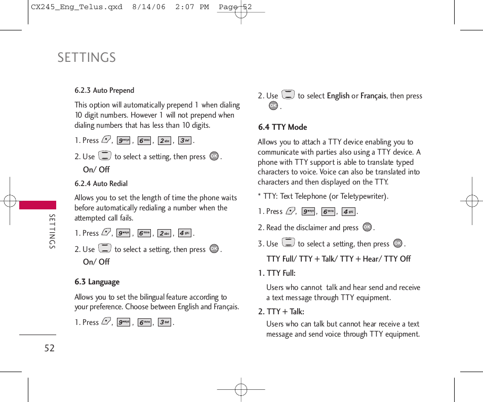 Settings | LG 245 User Manual | Page 53 / 78