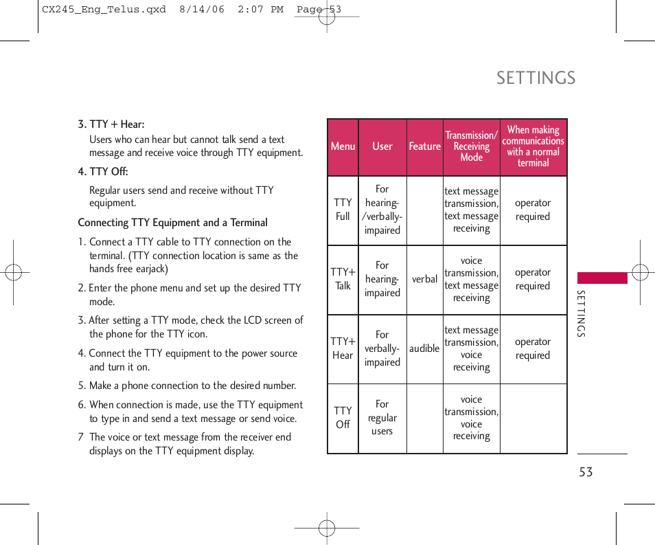 Settings | LG 245 User Manual | Page 54 / 78