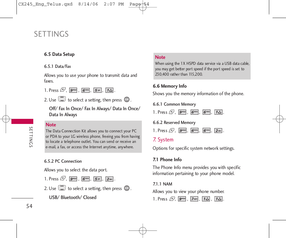 Settings | LG 245 User Manual | Page 55 / 78