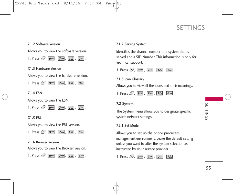 Settings | LG 245 User Manual | Page 56 / 78