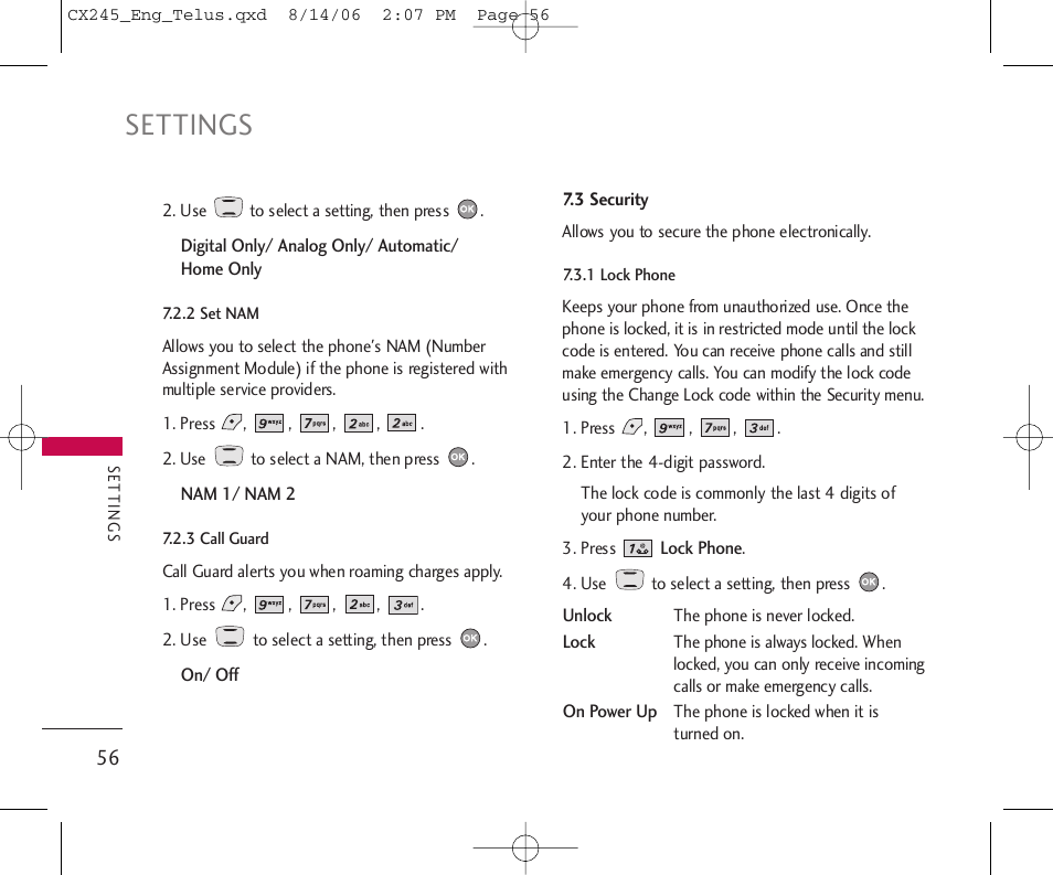 Settings | LG 245 User Manual | Page 57 / 78