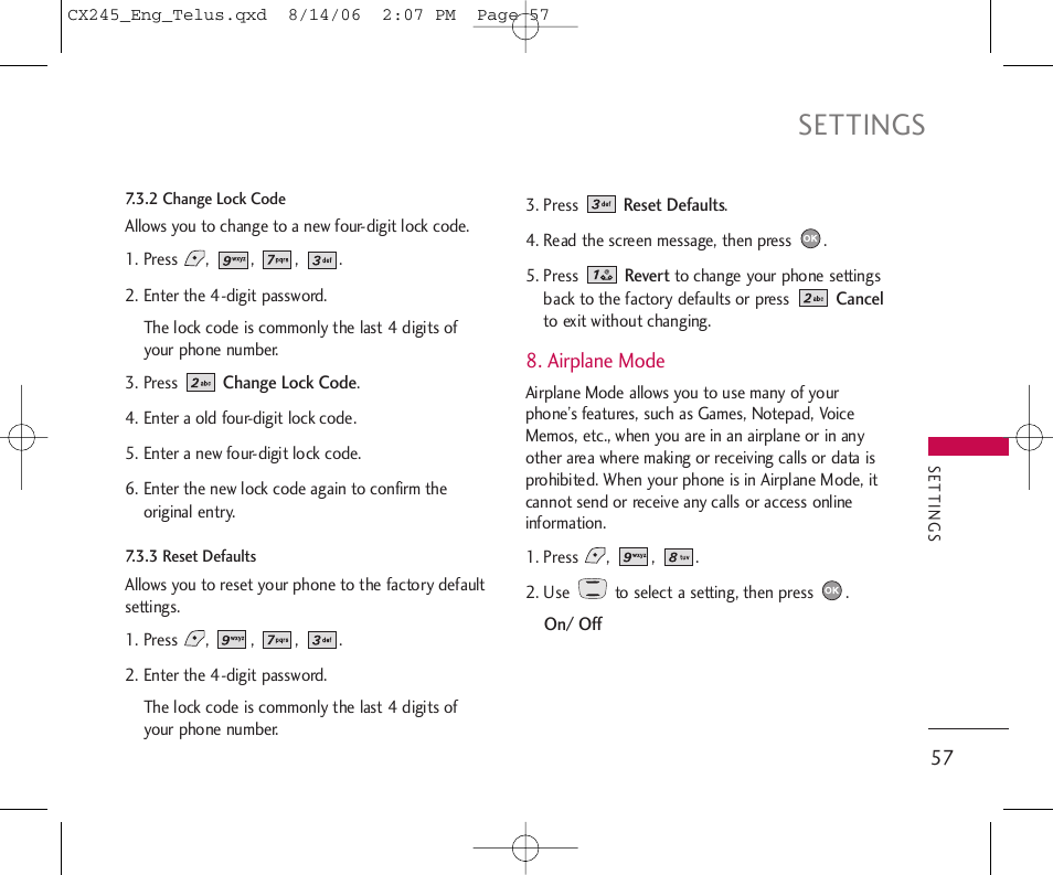 Settings | LG 245 User Manual | Page 58 / 78