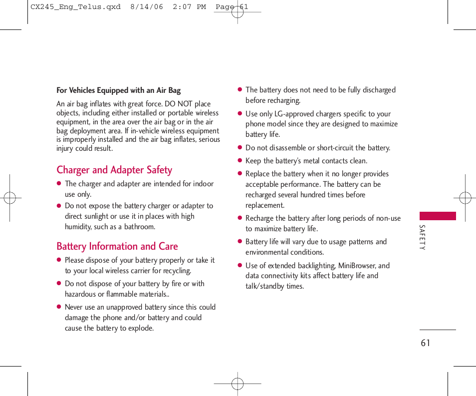 Charger and adapter safety, Battery information and care | LG 245 User Manual | Page 62 / 78