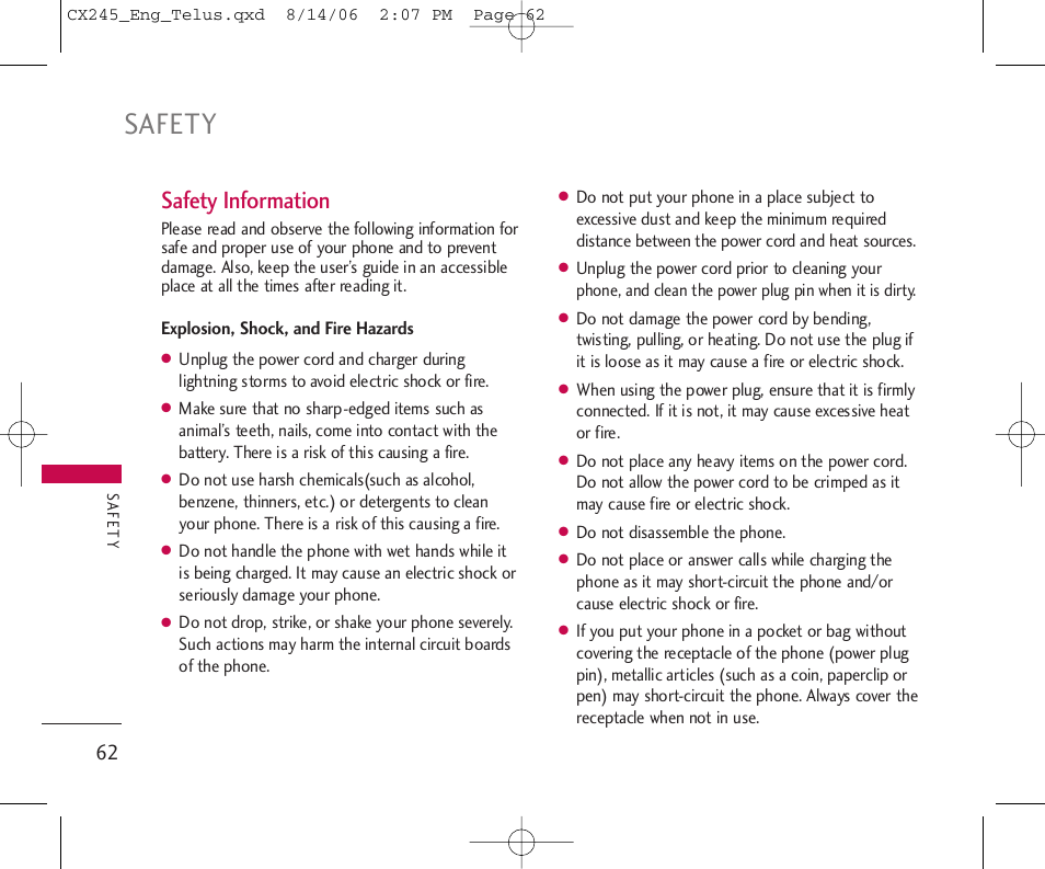 Safety, Safety information | LG 245 User Manual | Page 63 / 78