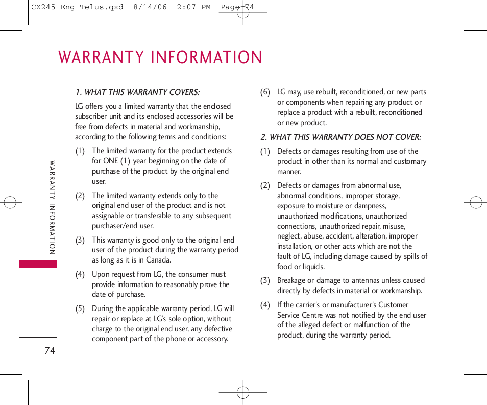 Warranty information | LG 245 User Manual | Page 75 / 78