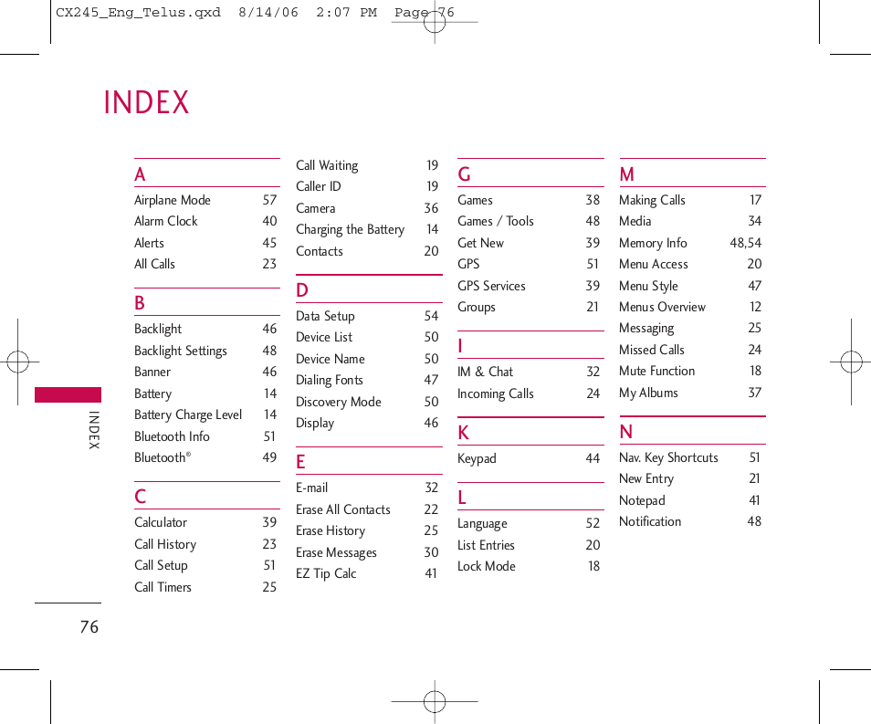 Index | LG 245 User Manual | Page 77 / 78