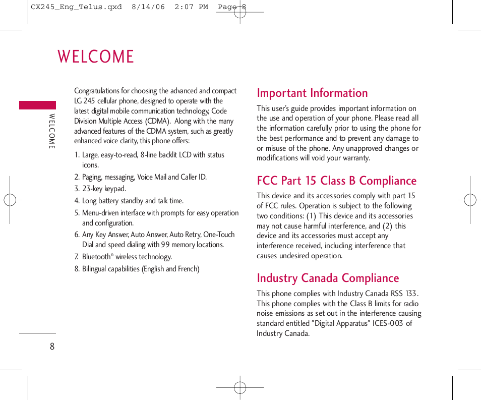 Welcome, Important information, Fcc part 15 class b compliance | Industry canada compliance | LG 245 User Manual | Page 9 / 78