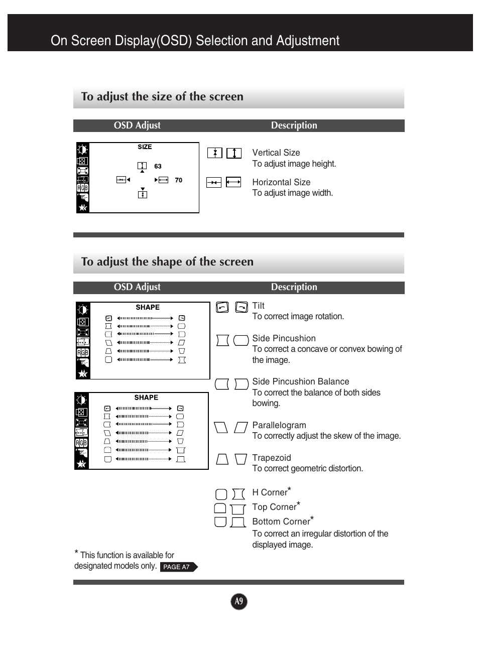 To adjust the size of the screen, To adjust the shape of the screen, On screen display(osd) selection and adjustment | LG 910B User Manual | Page 10 / 17