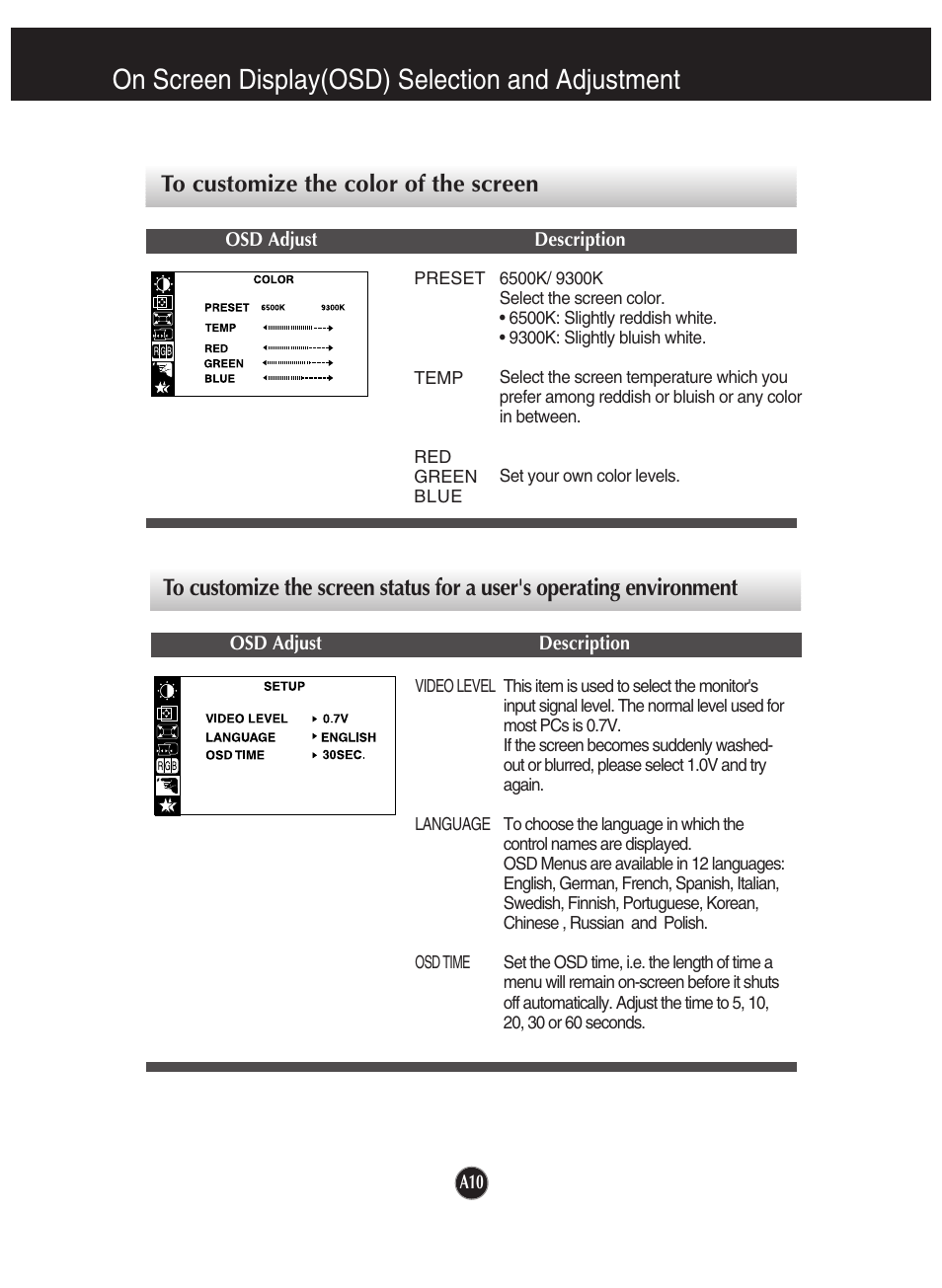 To customize the color of the screen, On screen display(osd) selection and adjustment | LG 910B User Manual | Page 11 / 17