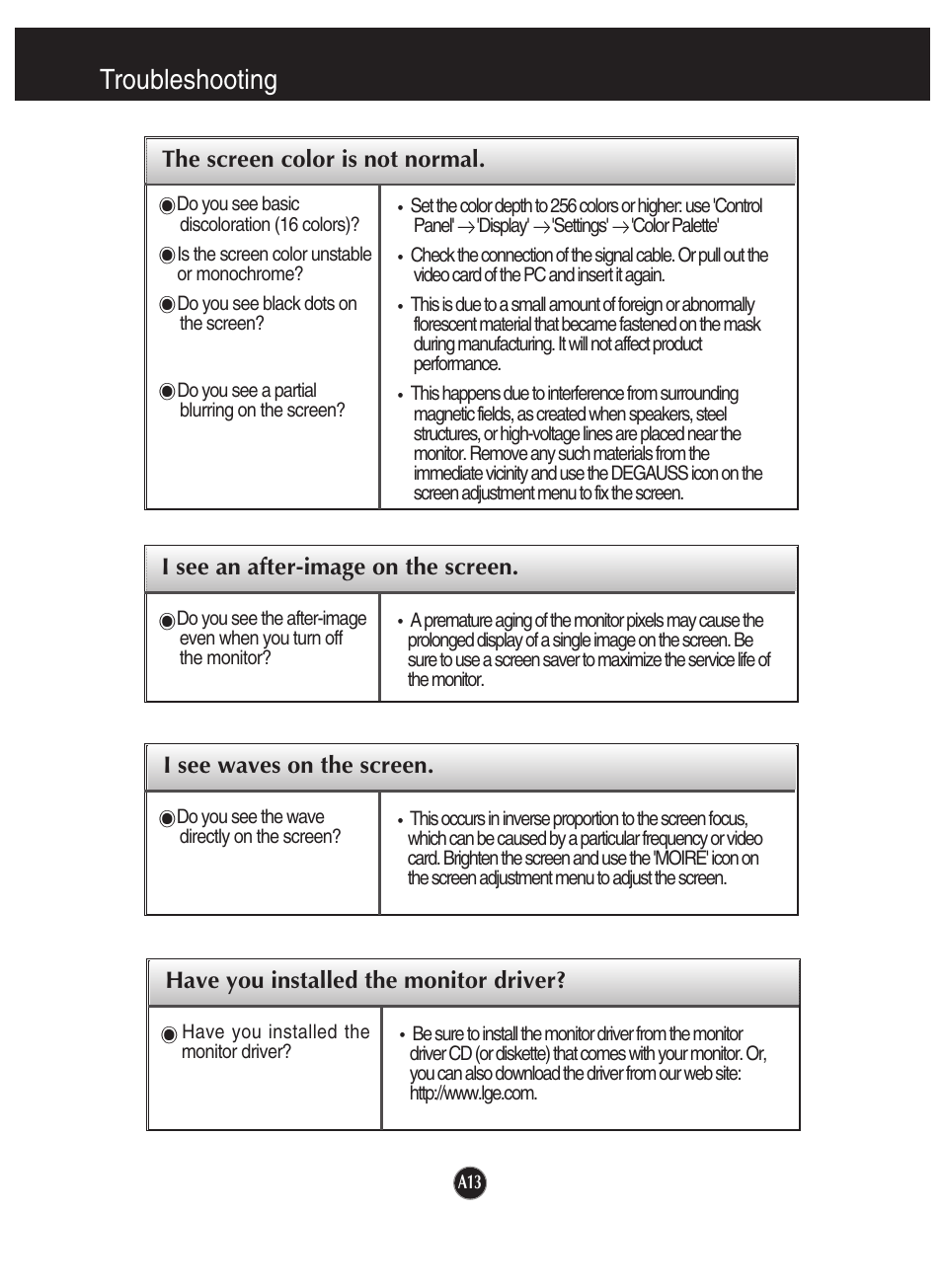 The screen color is not normal, I see an after-image on the screen, I see waves on the screen | Have you installed the monitor driver, Troubleshooting | LG 910B User Manual | Page 14 / 17