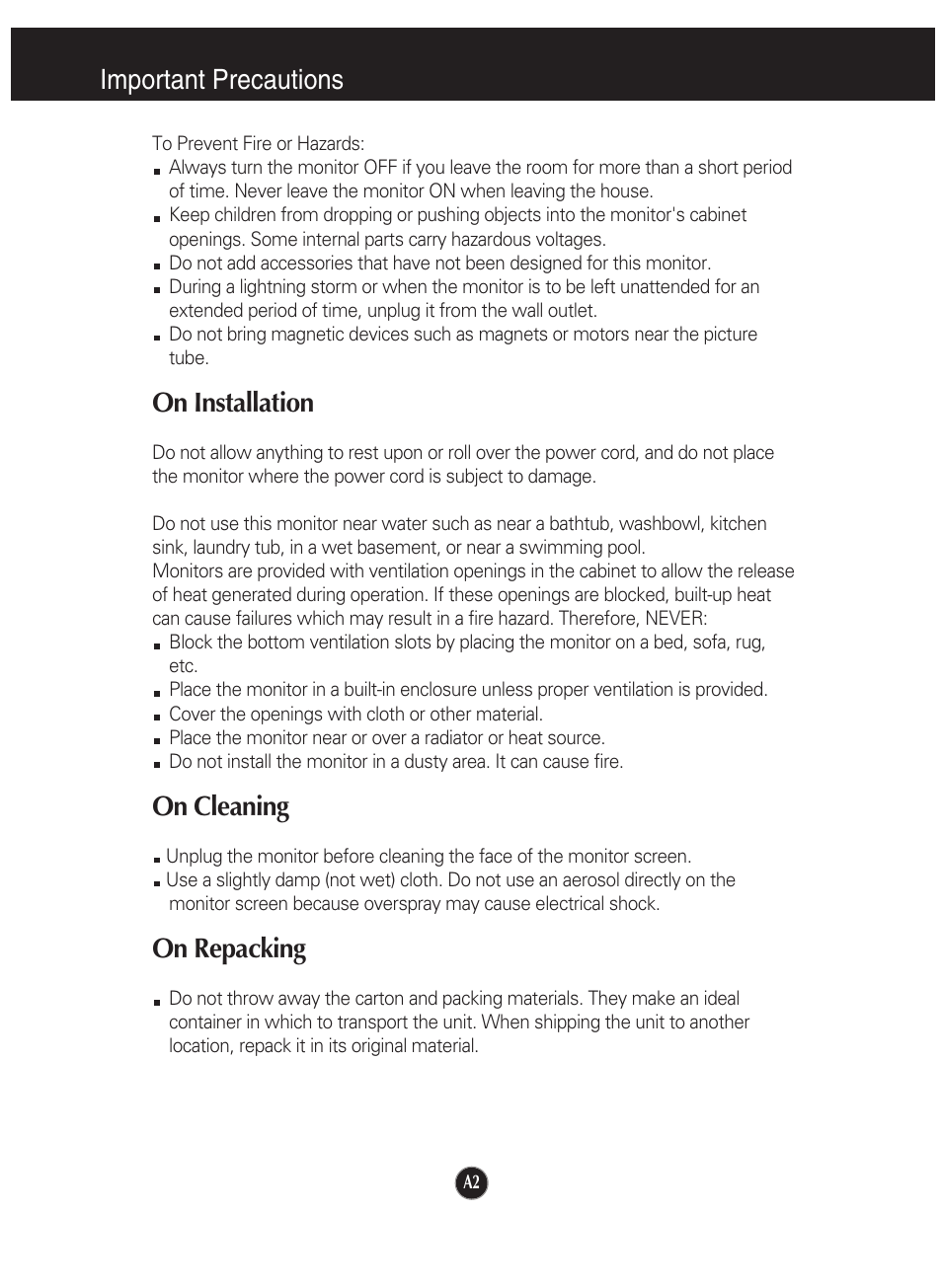 On installation, On cleaning, On repacking | Important precautions | LG 910B User Manual | Page 3 / 17