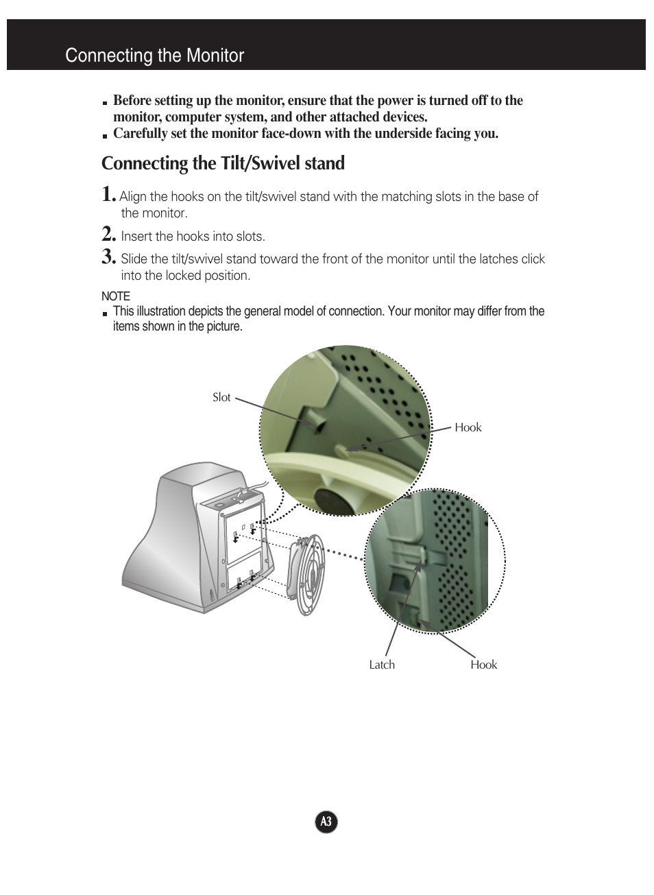 Connecting the monitor, Connecting the tilt/swivel stand | LG 910B User Manual | Page 4 / 17