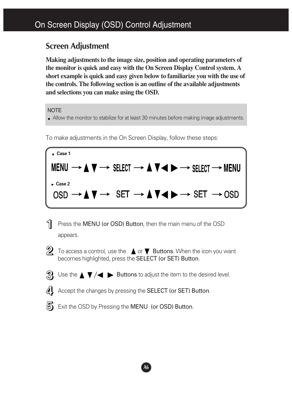 On screen display (osd) control adjustment, Screen adjustment | LG 910B User Manual | Page 7 / 17