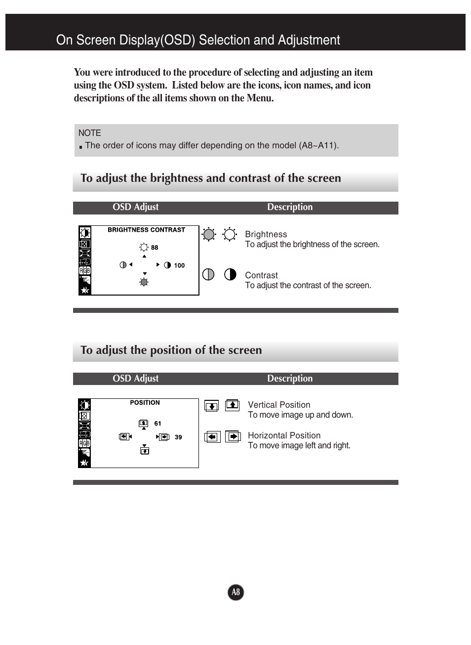 To adjust the position of the screen, On screen display(osd) selection and adjustment | LG 910B User Manual | Page 9 / 17