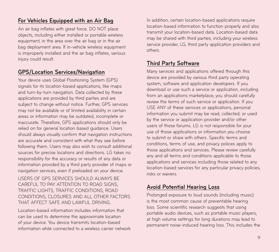 For vehicles equipped with an air bag, Gps/location services/navigation, Third party software | Avoid potential hearing loss | LG V909 User Manual | Page 11 / 66