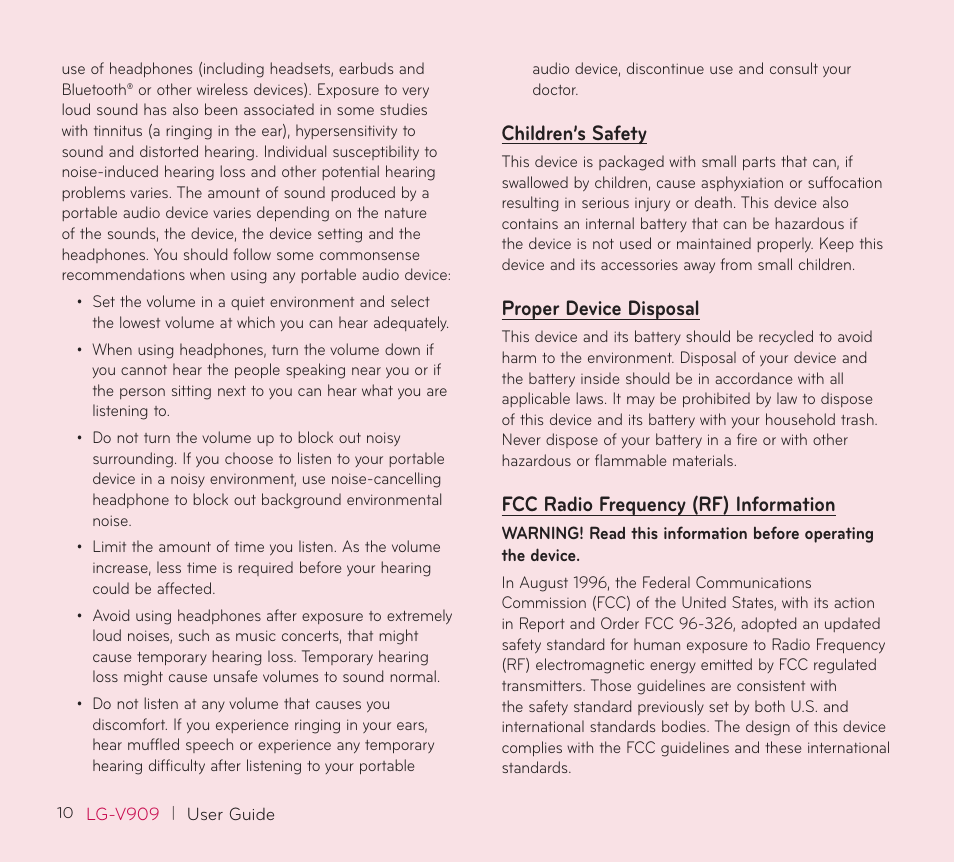 Children’s safety, Proper device disposal, Fcc radio frequency (rf) information | LG V909 User Manual | Page 12 / 66