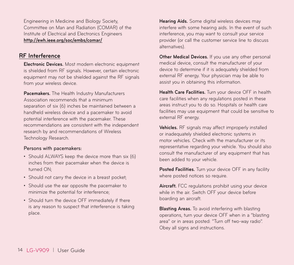 Rf interference | LG V909 User Manual | Page 16 / 66