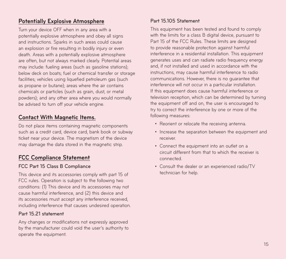 Potentially explosive atmosphere, Contact with magnetic items, Fcc compliance statement | LG V909 User Manual | Page 17 / 66