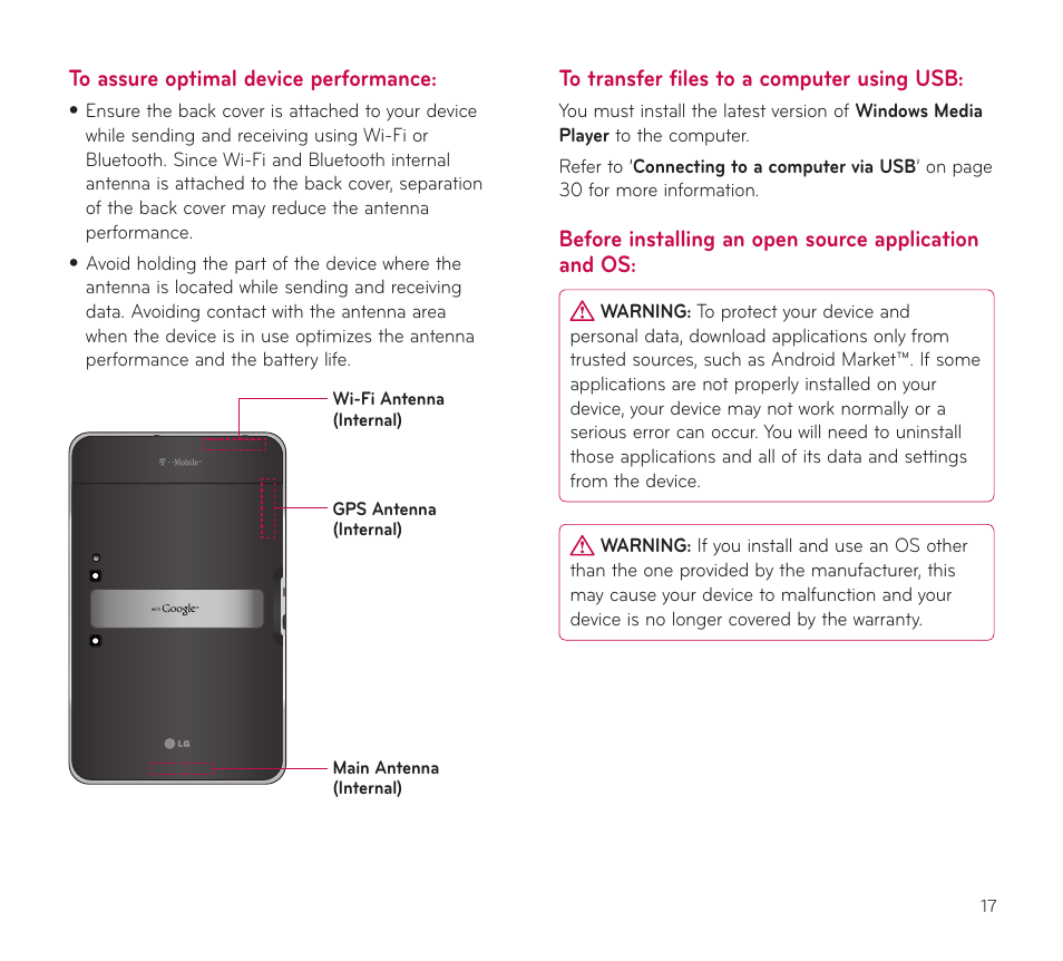To assure optimal device performance, To transfer files to a computer using usb, Application and os | LG V909 User Manual | Page 19 / 66