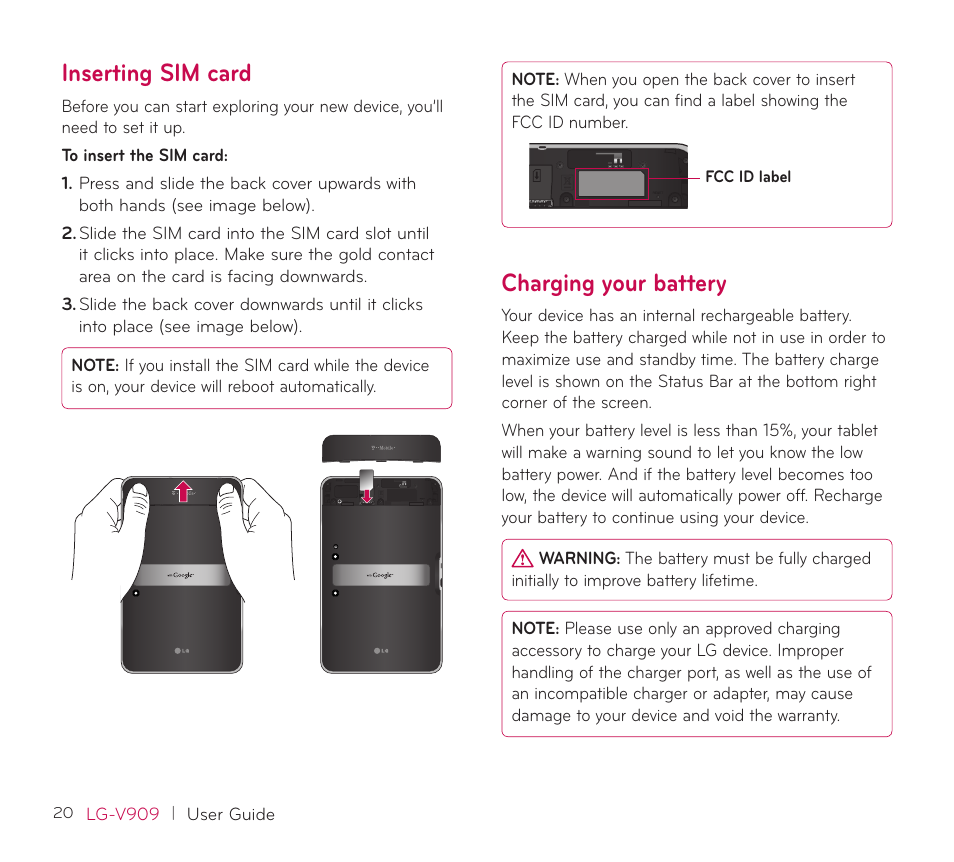 Inserting sim card, Charging your battery, Inserting sim card charging your battery | LG V909 User Manual | Page 22 / 66