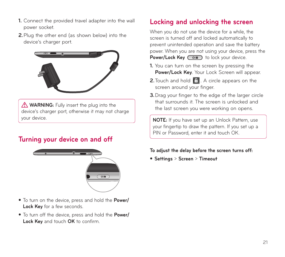 Turning your device on and off, Locking and unlocking the screen | LG V909 User Manual | Page 23 / 66