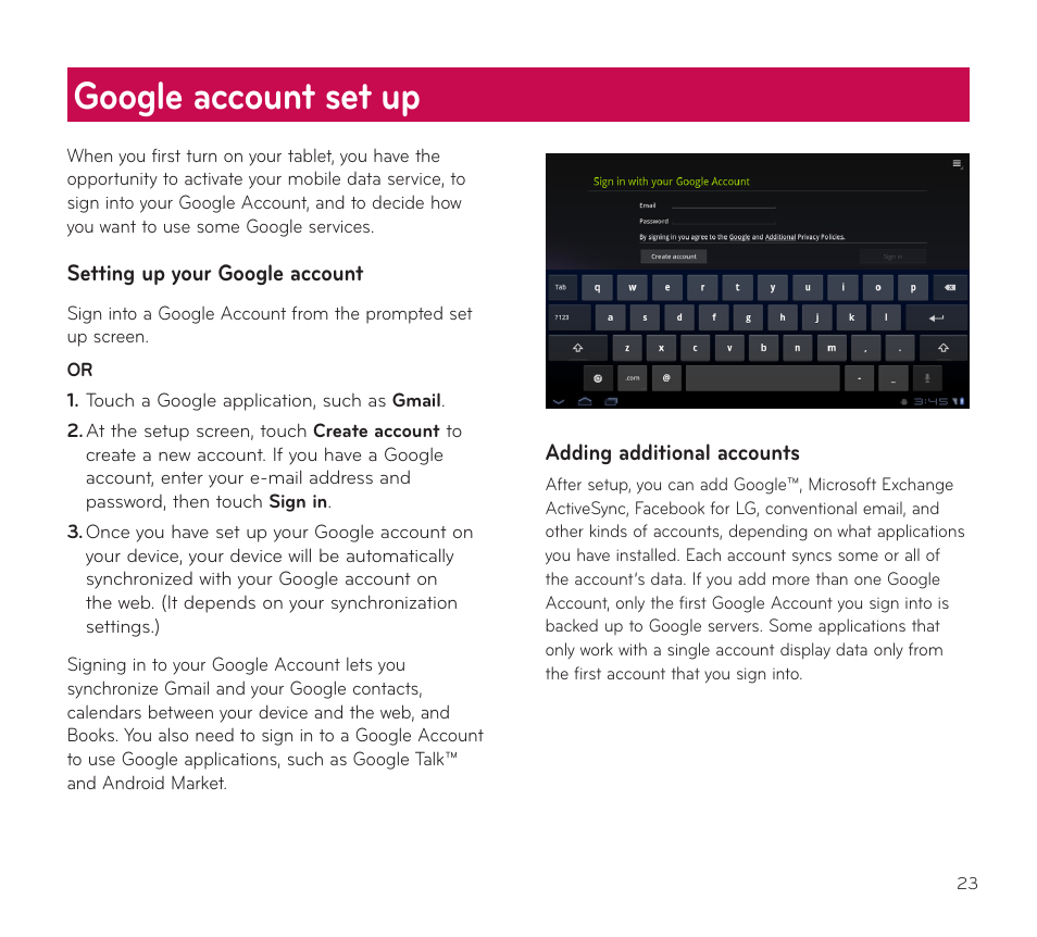 Google account set up | LG V909 User Manual | Page 25 / 66