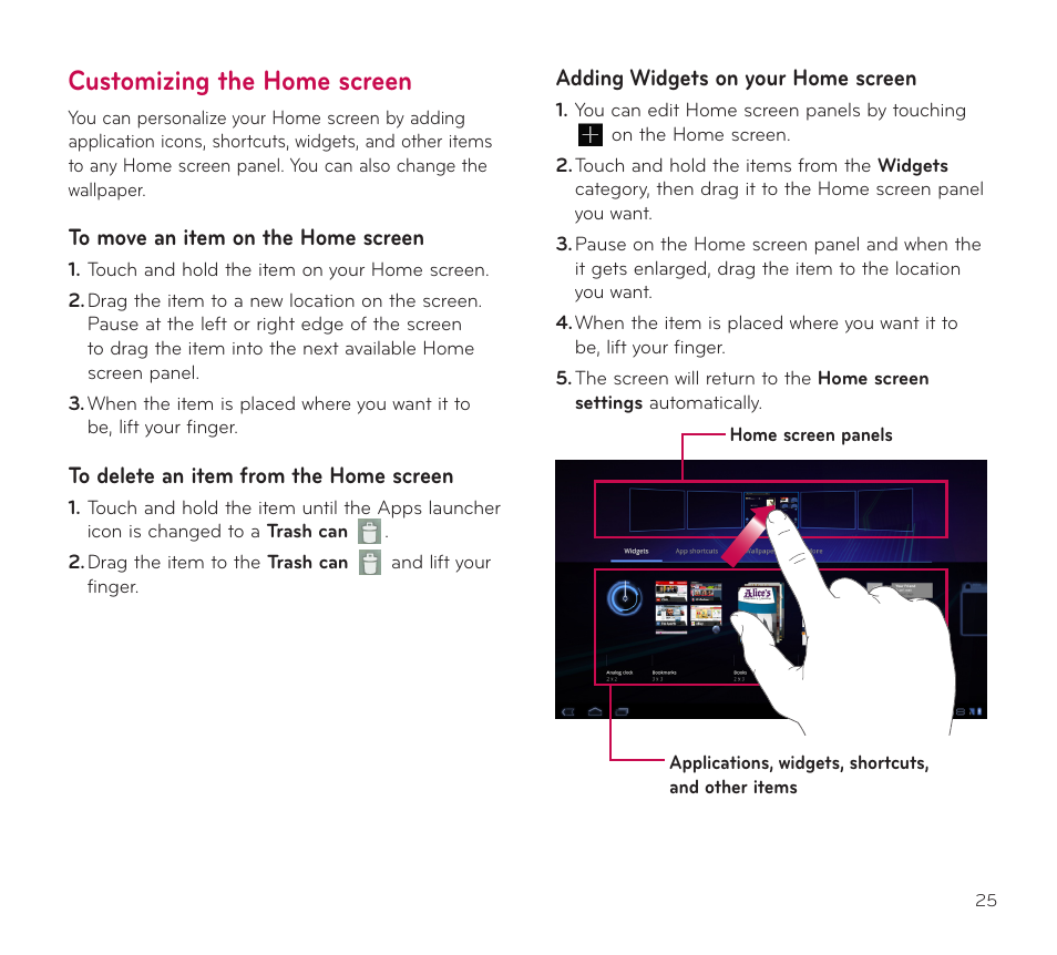 Customizing the home screen | LG V909 User Manual | Page 27 / 66