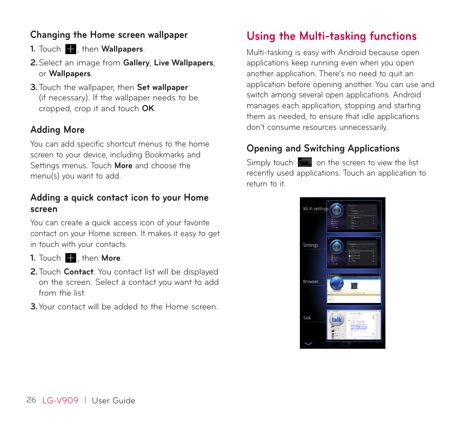 Using the multi-tasking functions | LG V909 User Manual | Page 28 / 66