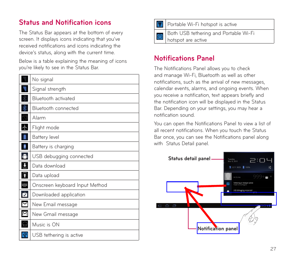 Status and notification icons, Notifications panel, Status and notification icons notifications panel | LG V909 User Manual | Page 29 / 66