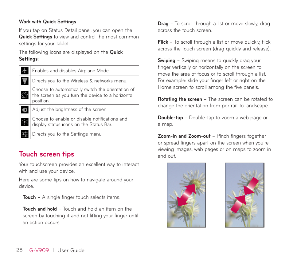 Touch screen tips | LG V909 User Manual | Page 30 / 66